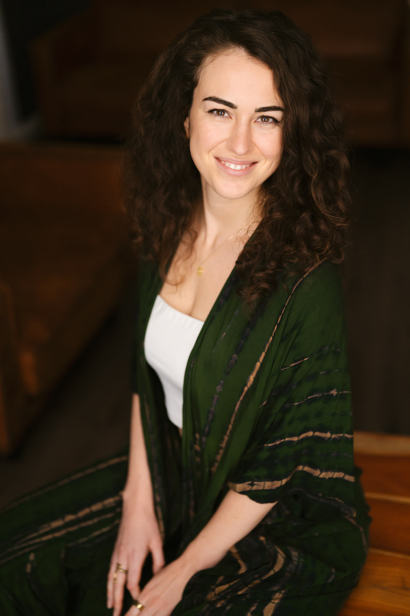 Tina Koestler in green kimono, warm and approachable
